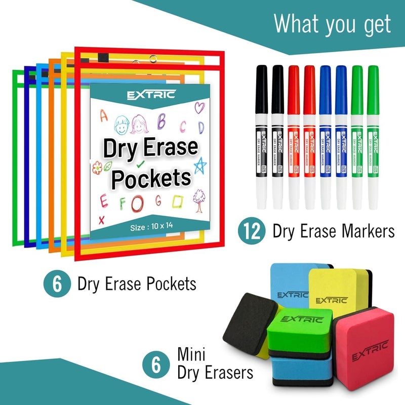 EXTRIC Dry Erase Pockets, 6 Plastic Sleeves, Marker Bundle with Assorted Color, for School or Work Order Tickets - Image 2
